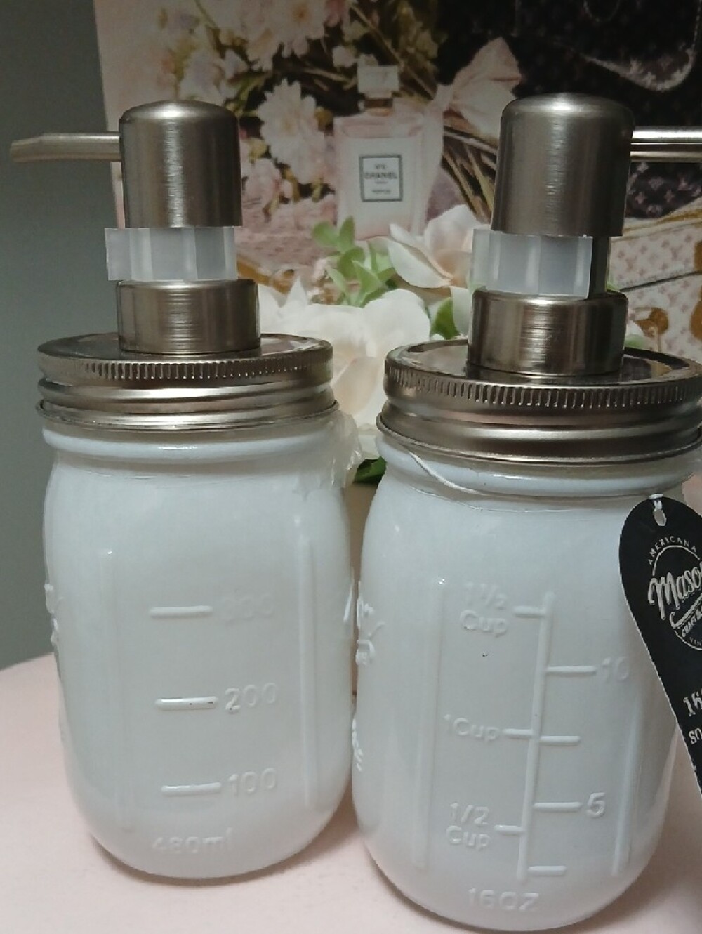 Mason White Embossed Glass Soap & Lotion Pump Set NWT - Picture 5 of 6